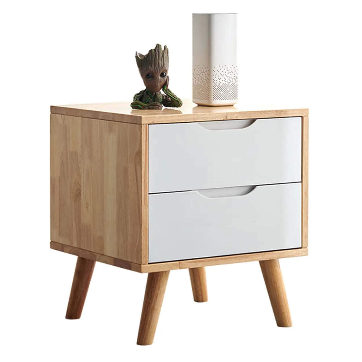Rectangular White Rubberwood 2-Drawer Nightstand — Natural / Tilted Leg / 1