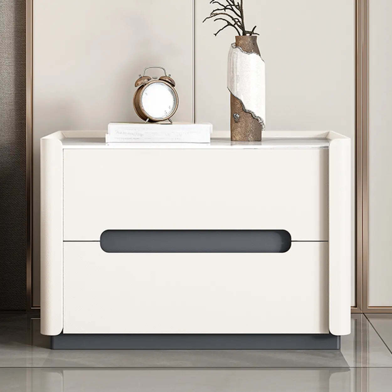 Beige Rectangular Sintered Stone 2-Drawer Nightstand — Off-White / Baked Enamel