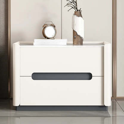 Beige Rectangular Sintered Stone 2-Drawer Nightstand — Off-White / Baked Enamel