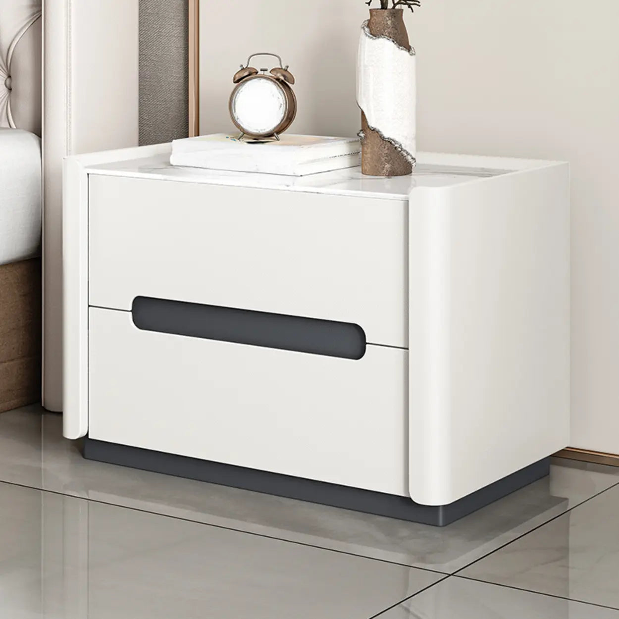 Beige Rectangular Sintered Stone 2-Drawer Nightstand — Light Gray / Baked Enamel