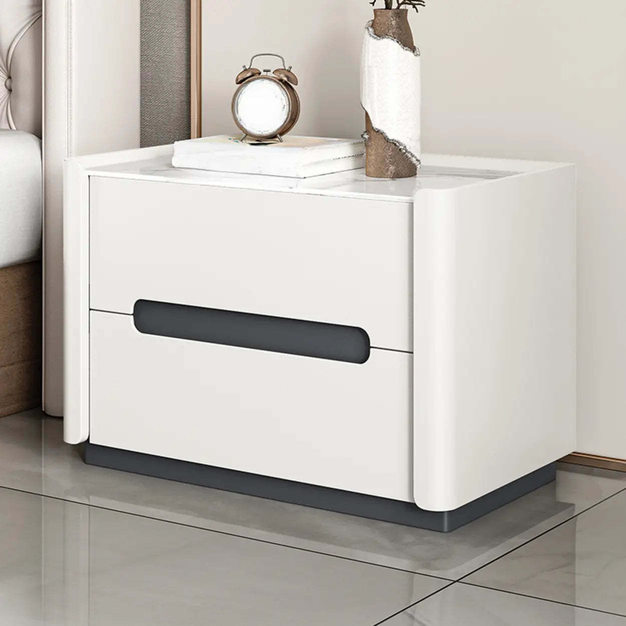 Beige Rectangular Sintered Stone 2-Drawer Nightstand — Light Gray / Baked Enamel