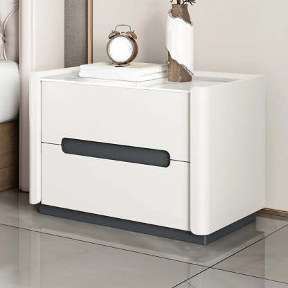 Beige Rectangular Sintered Stone 2-Drawer Nightstand — Light Gray / Baked Enamel