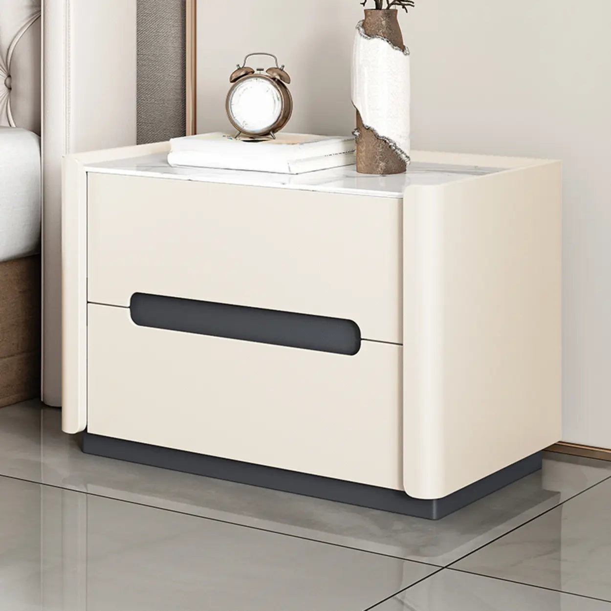 Beige Rectangular Sintered Stone 2-Drawer Nightstand — Light Gray / Leather