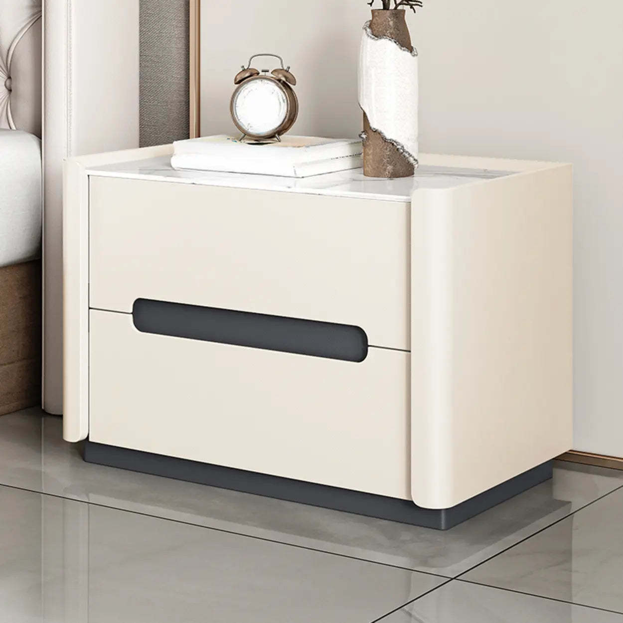 Beige Rectangular Sintered Stone 2-Drawer Nightstand — Light Gray / Leather