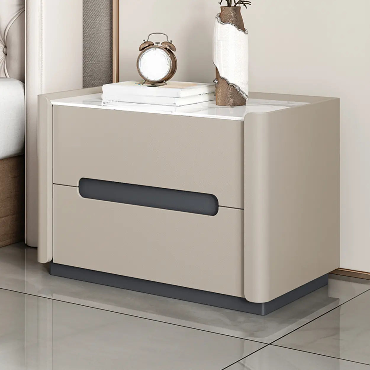 Beige Rectangular Sintered Stone 2-Drawer Nightstand — Off-White / Leather
