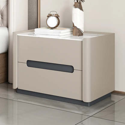Beige Rectangular Sintered Stone 2-Drawer Nightstand — Off-White / Leather