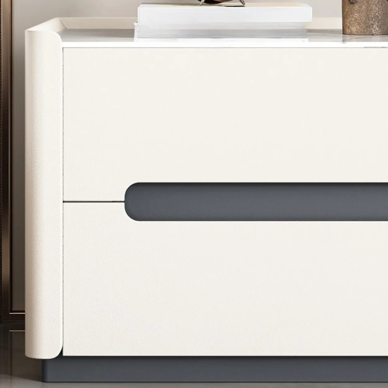Beige Rectangular Sintered Stone 2-Drawer Nightstand — Cream / Leather