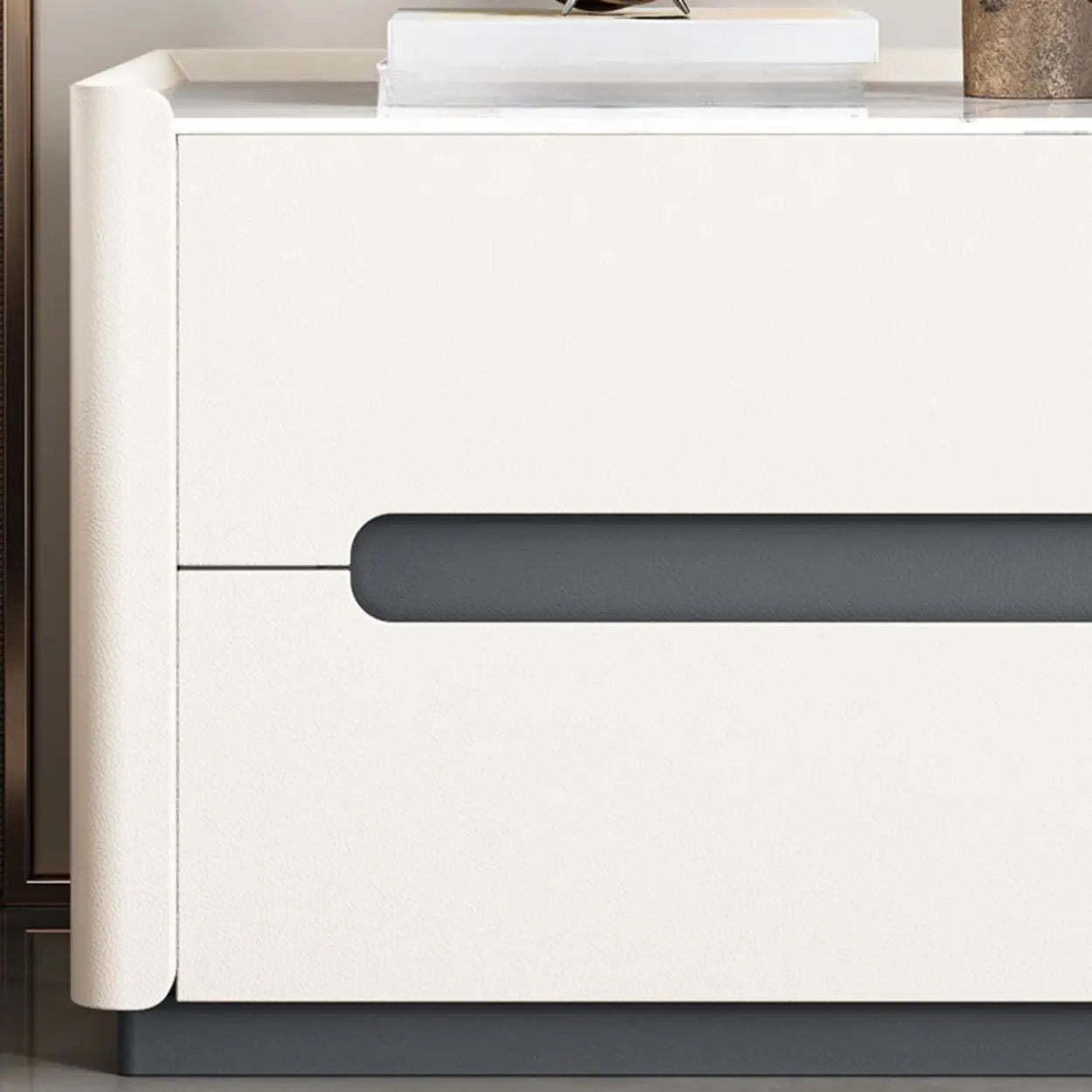 Beige Rectangular Sintered Stone 2-Drawer Nightstand — Cream / Leather