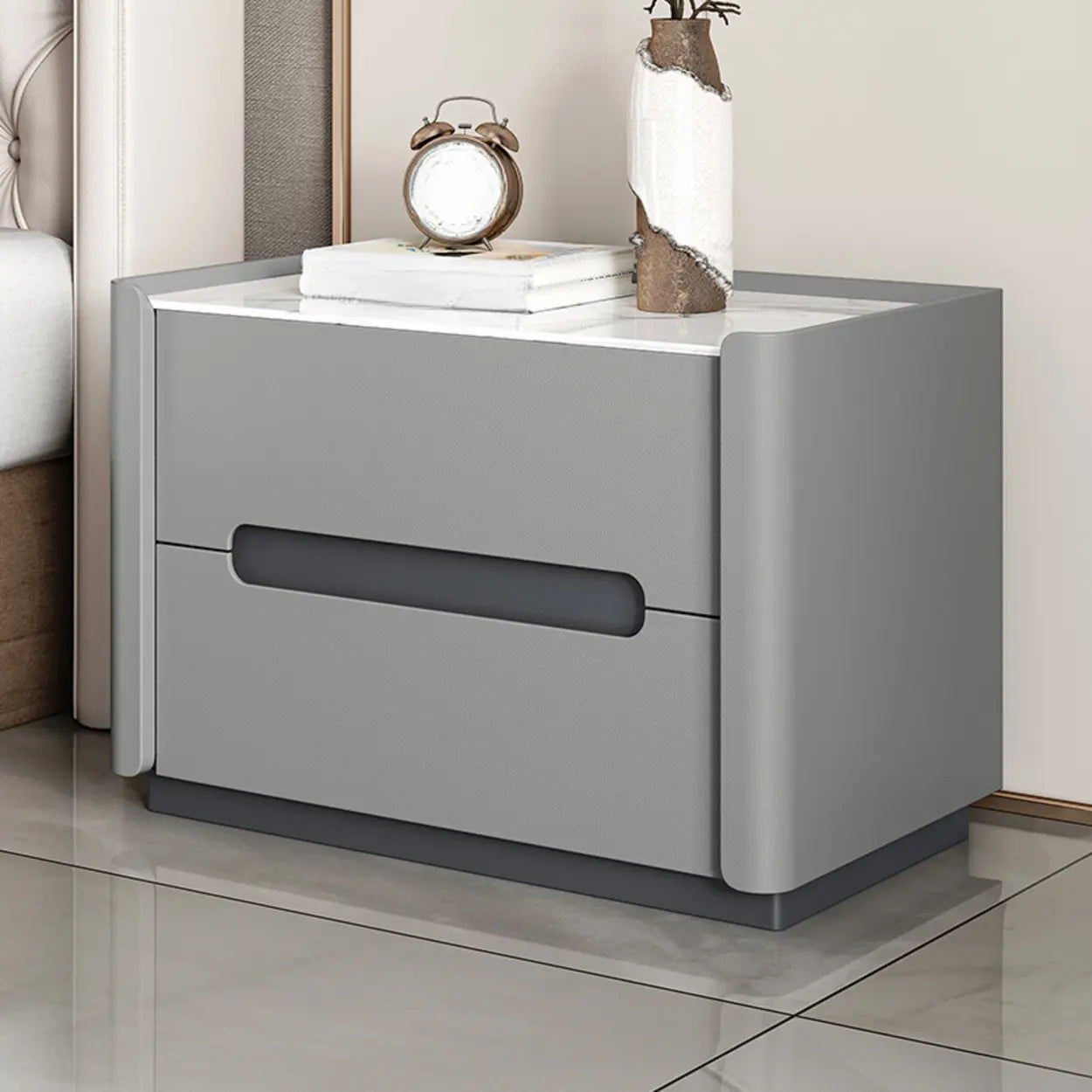 Beige Rectangular Sintered Stone 2-Drawer Nightstand — Beige / Baked Enamel