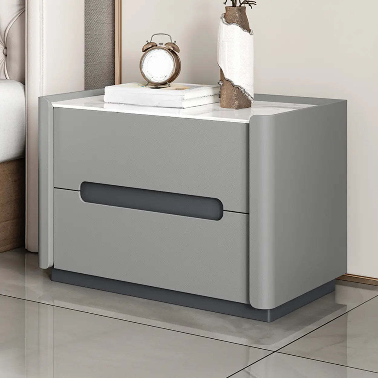 Beige Rectangular Sintered Stone 2-Drawer Nightstand — Beige / Baked Enamel