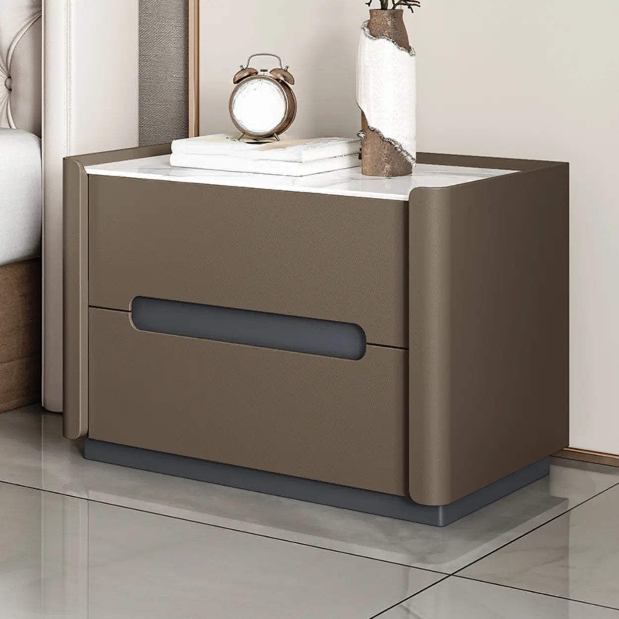 Beige Rectangular Sintered Stone 2-Drawer Nightstand — Khaki / Leather