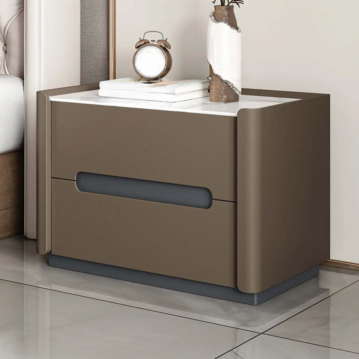Beige Rectangular Sintered Stone 2-Drawer Nightstand — Khaki / Leather
