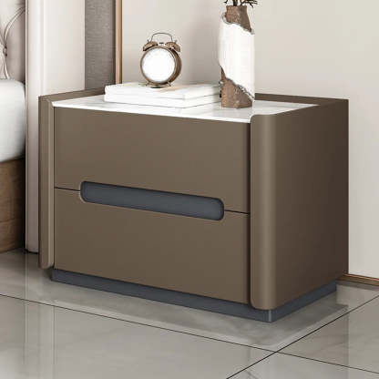 Beige Rectangular Sintered Stone 2-Drawer Nightstand — Khaki / Leather