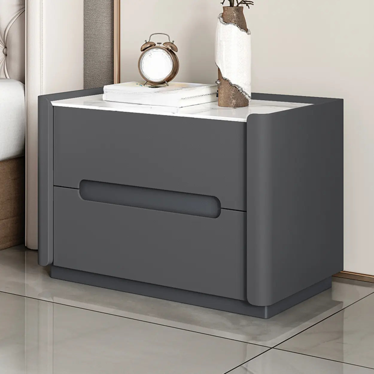 Beige Rectangular Sintered Stone 2-Drawer Nightstand — Dark Gray / Baked Enamel