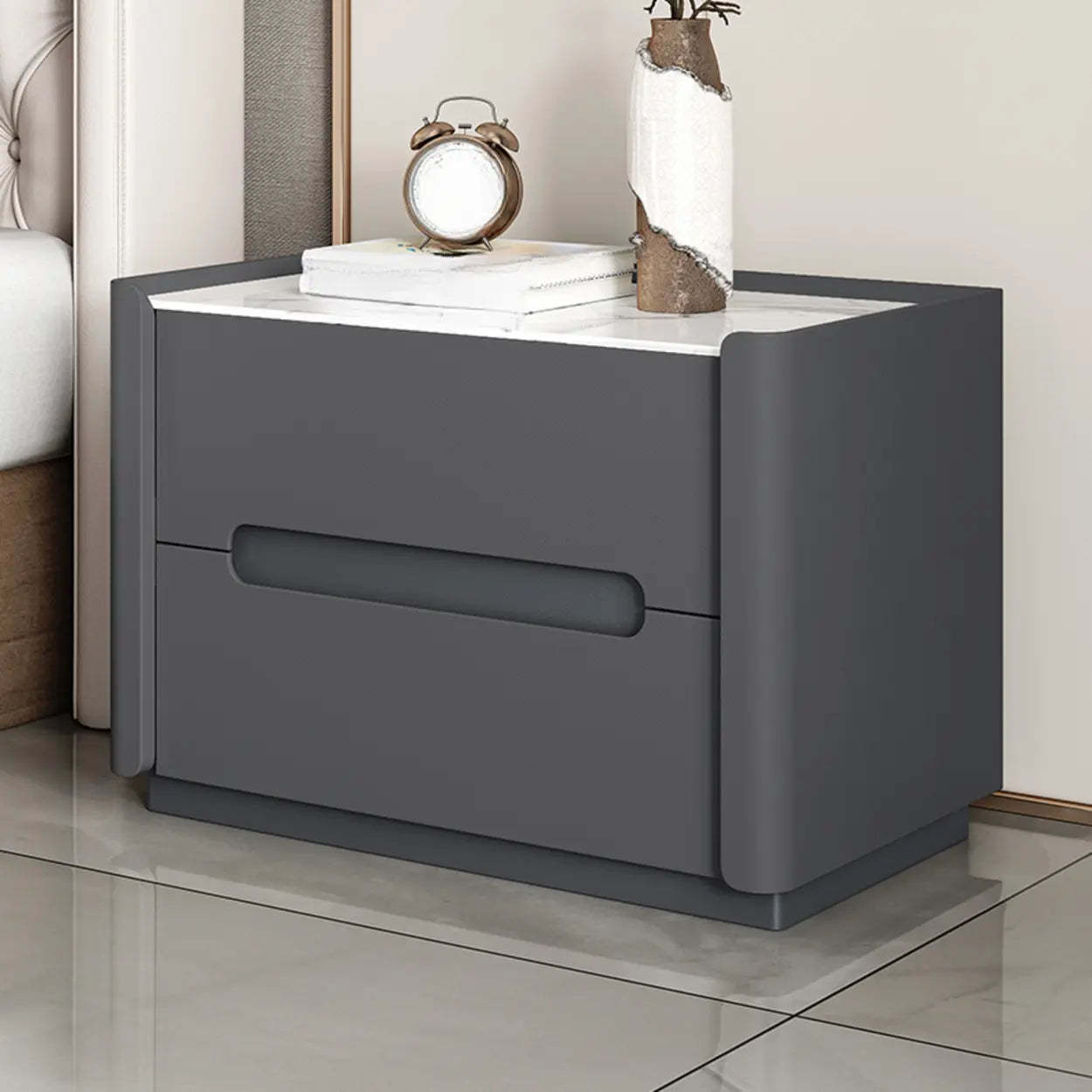 Beige Rectangular Sintered Stone 2-Drawer Nightstand — Dark Gray / Baked Enamel