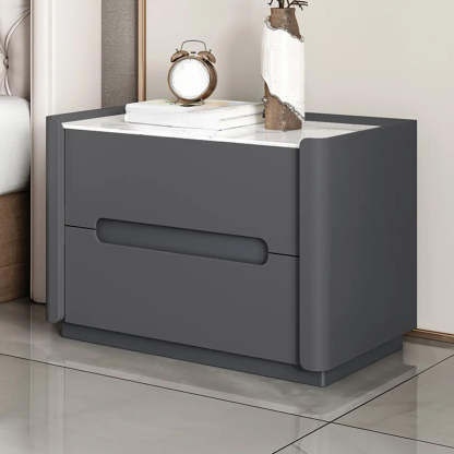 Beige Rectangular Sintered Stone 2-Drawer Nightstand — Dark Gray / Baked Enamel