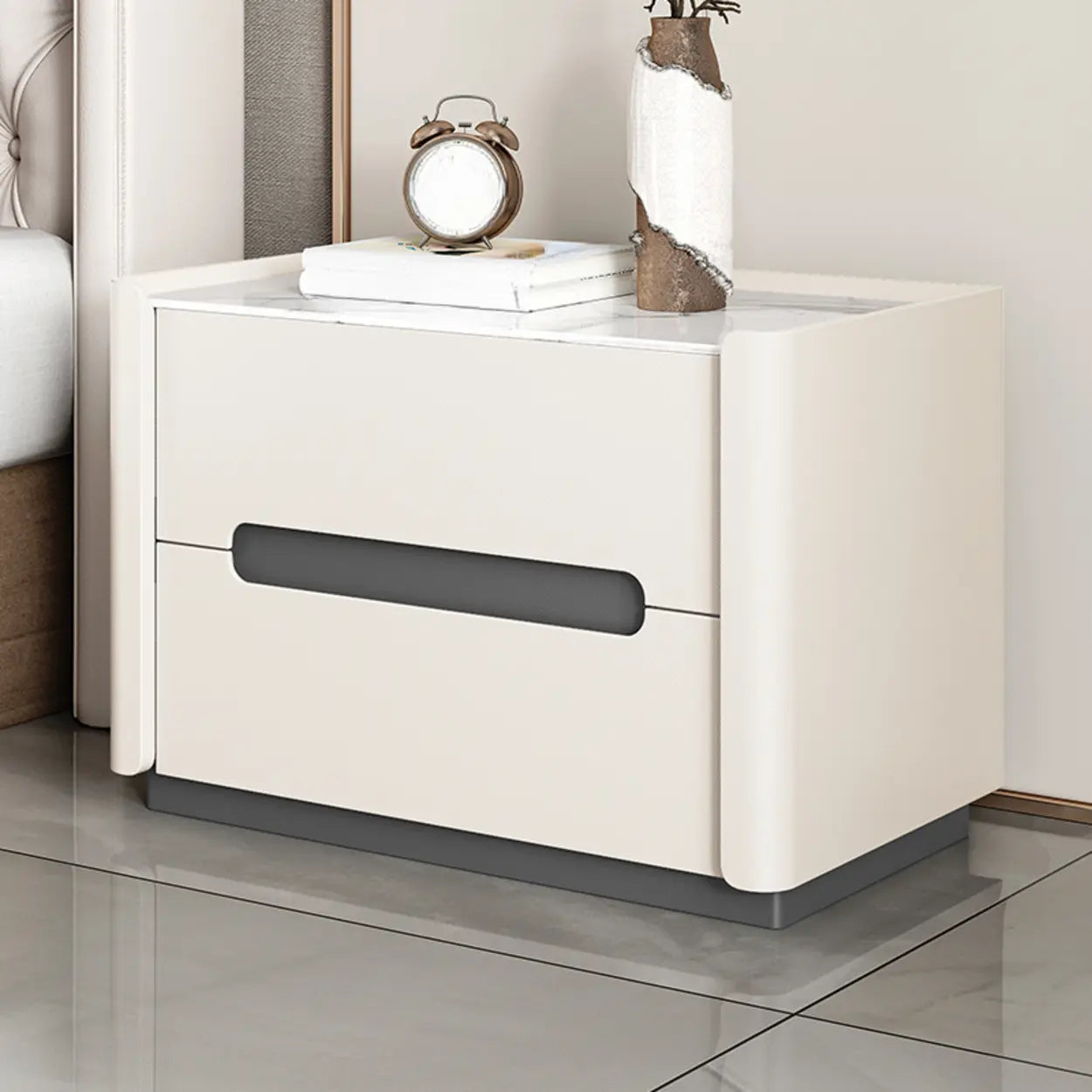 Beige Rectangular Sintered Stone 2-Drawer Nightstand — Off-White / Baked Enamel