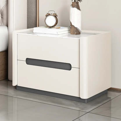 Beige Rectangular Sintered Stone 2-Drawer Nightstand — Off-White / Baked Enamel
