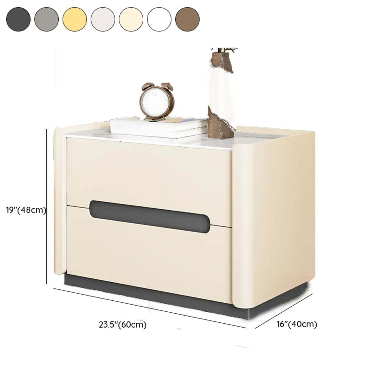 Beige Rectangular Sintered Stone 2-Drawer Nightstand — Light Gray / Baked Enamel