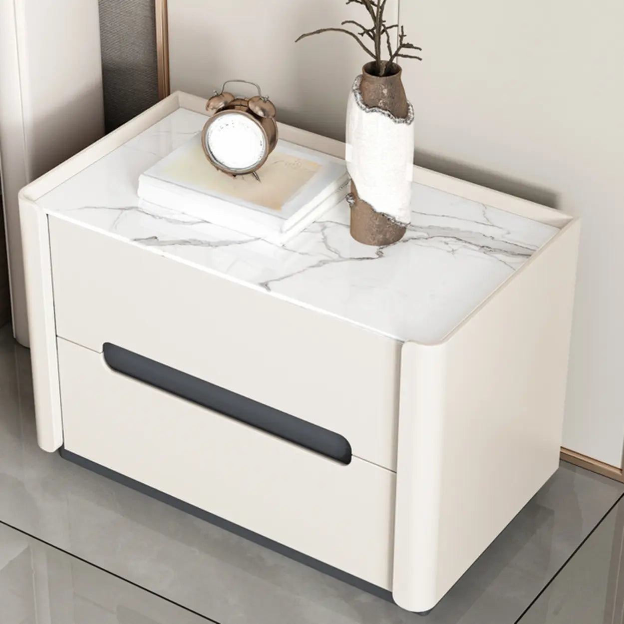 Beige Rectangular Sintered Stone 2-Drawer Nightstand — Off-White / Leather