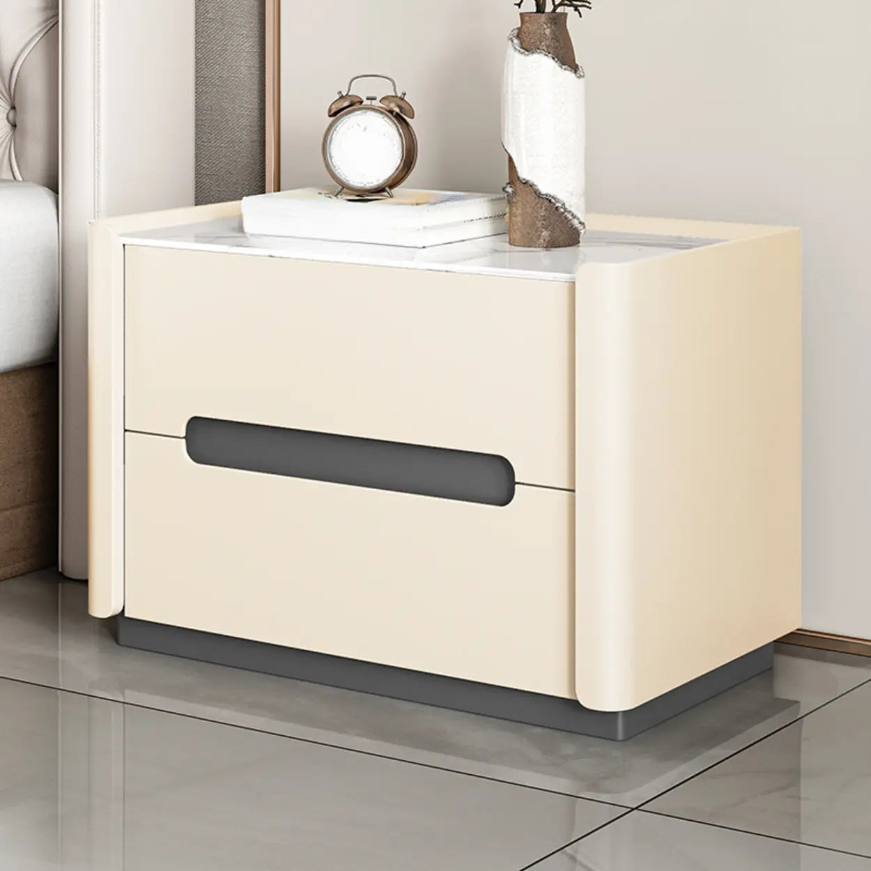 Beige Rectangular Sintered Stone 2-Drawer Nightstand — Cream / Leather