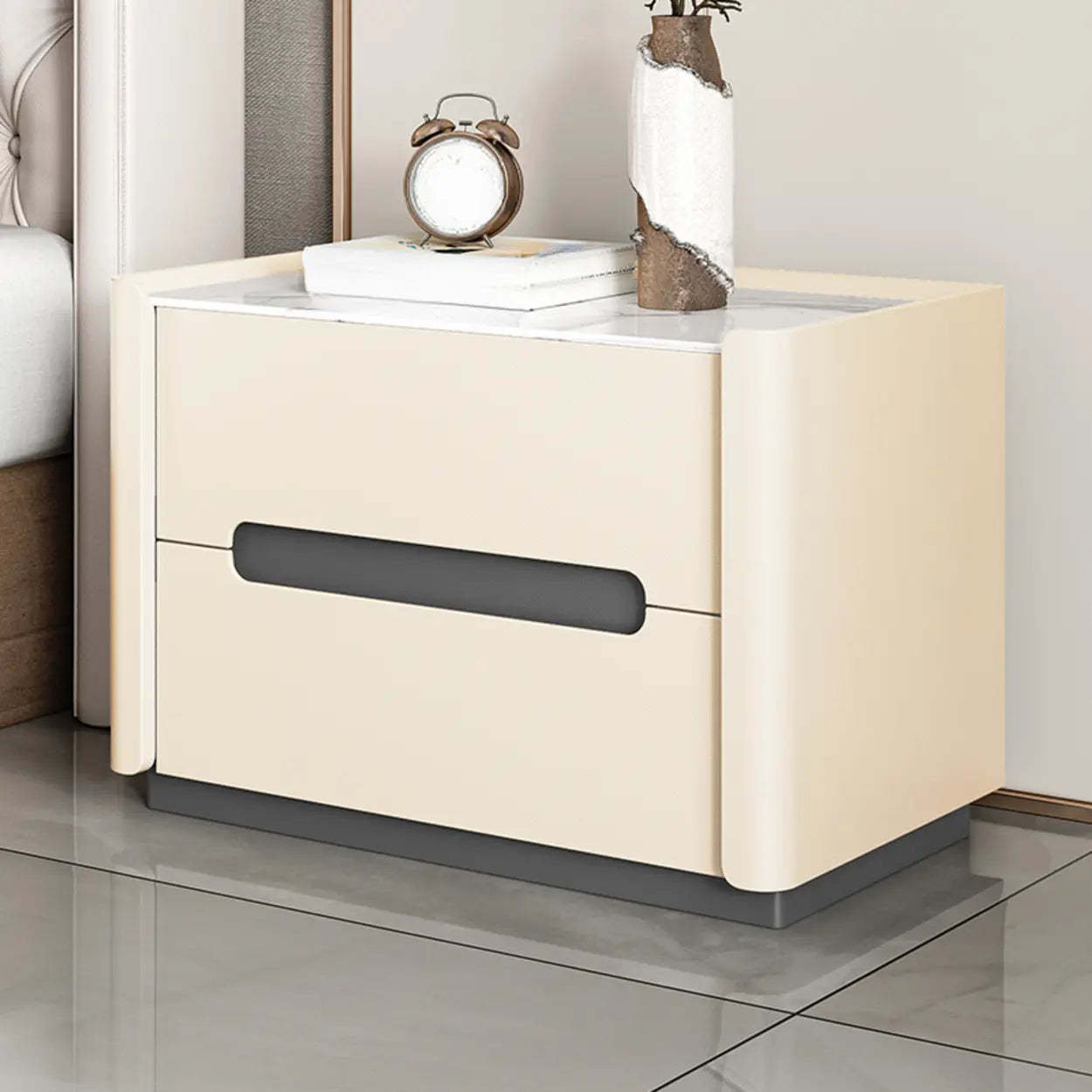 Beige Rectangular Sintered Stone 2-Drawer Nightstand — Cream / Leather