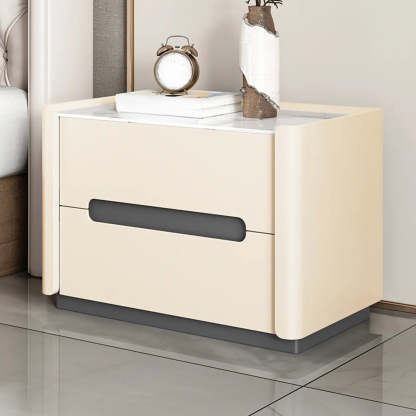 Beige Rectangular Sintered Stone 2-Drawer Nightstand — Cream / Leather