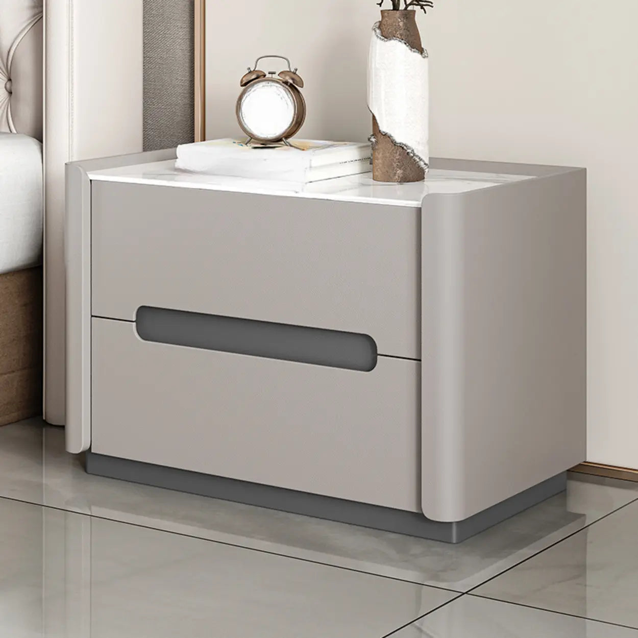 Beige Rectangular Sintered Stone 2-Drawer Nightstand — Beige / Baked Enamel
