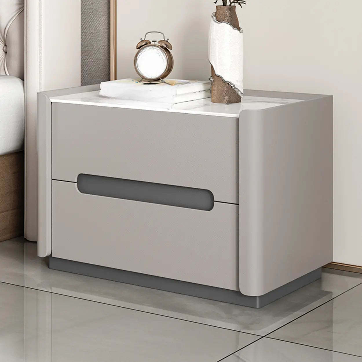 Beige Rectangular Sintered Stone 2-Drawer Nightstand — Beige / Baked Enamel