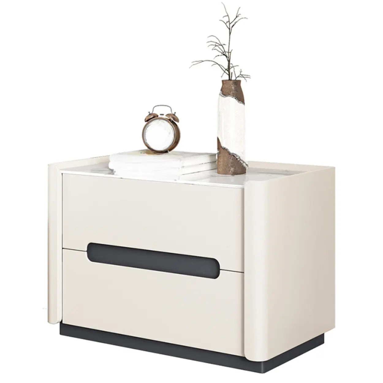 Beige Rectangular Sintered Stone 2-Drawer Nightstand — Khaki / Leather