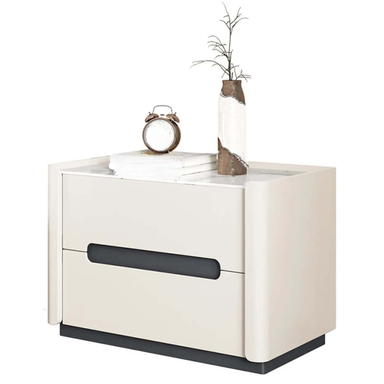 Beige Rectangular Sintered Stone 2-Drawer Nightstand — Khaki / Leather