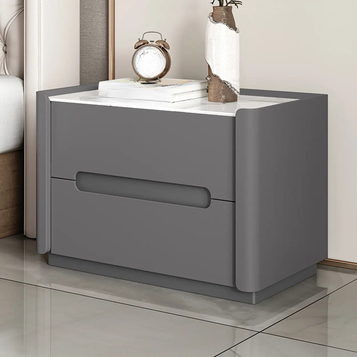 Beige Rectangular Sintered Stone 2-Drawer Nightstand — Dark Gray / Baked Enamel