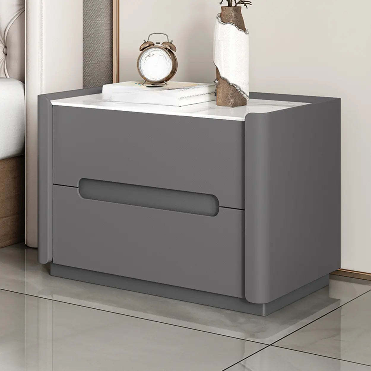 Beige Rectangular Sintered Stone 2-Drawer Nightstand — Dark Gray / Baked Enamel