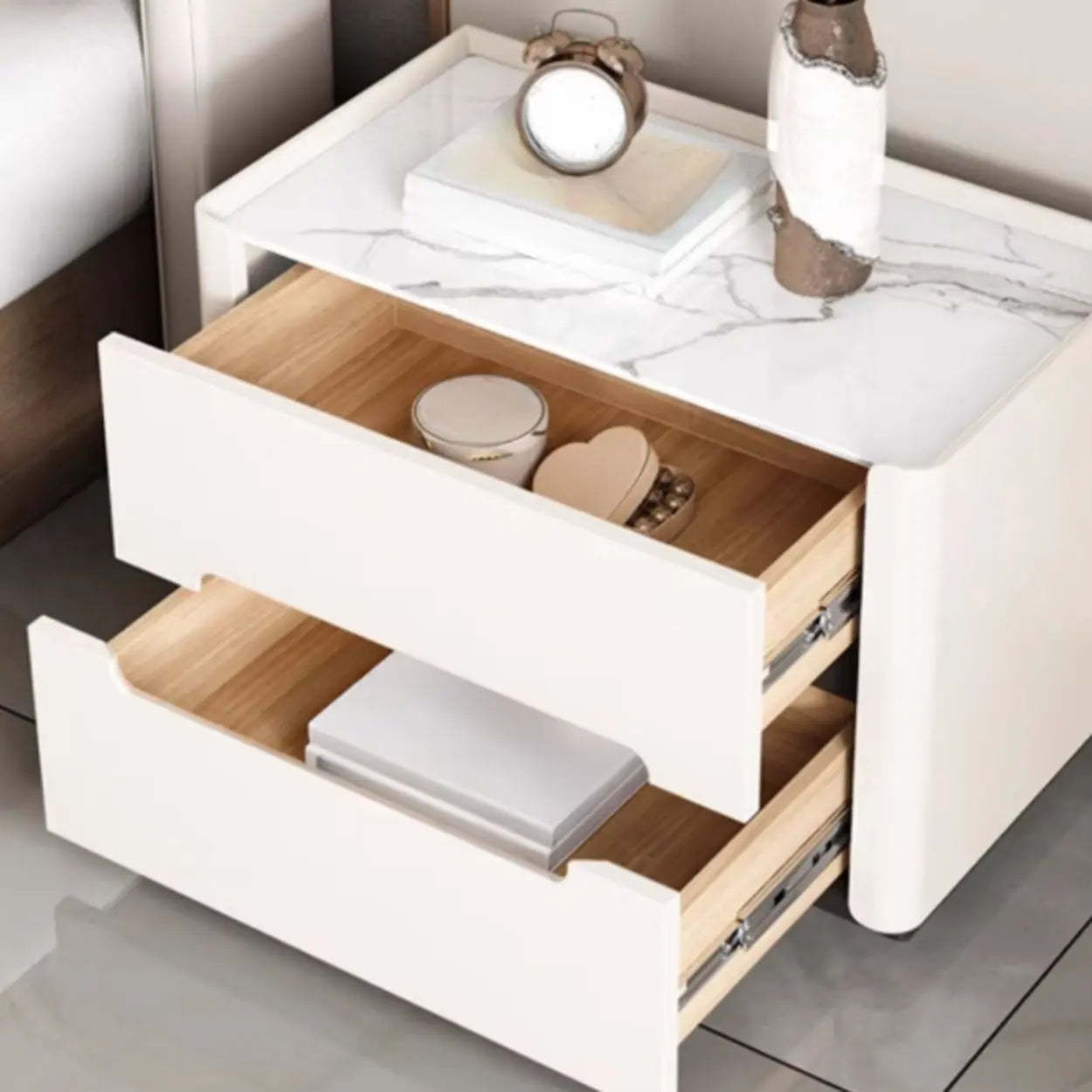 Beige Rectangular Sintered Stone 2-Drawer Nightstand — Light Apricot / Leather