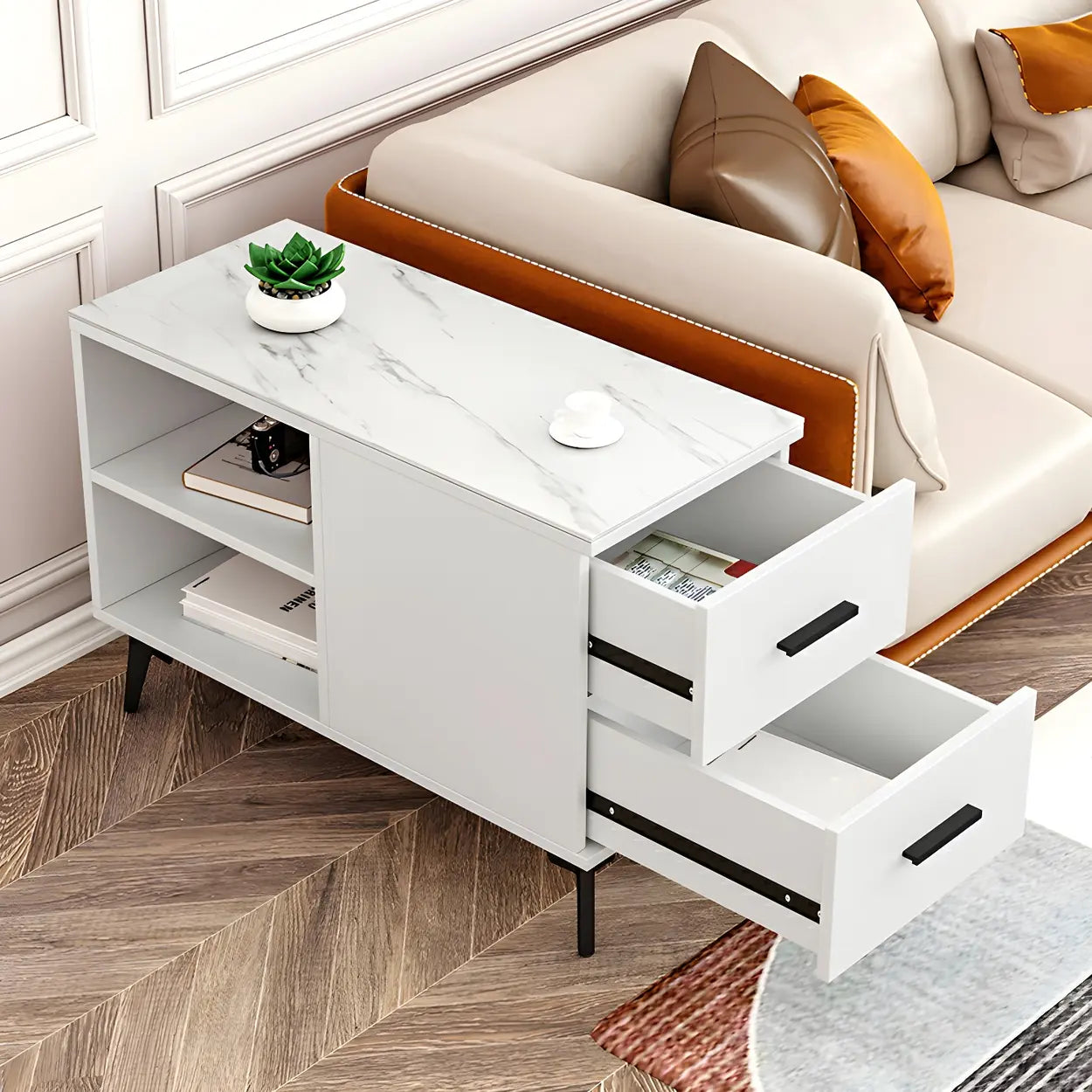 Rectangular Stone Iron End Table with Drawers — White / 1