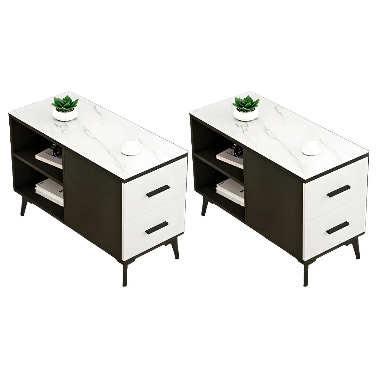 Rectangular Stone Iron End Table with Drawers — Black Walnut/ White / 1
