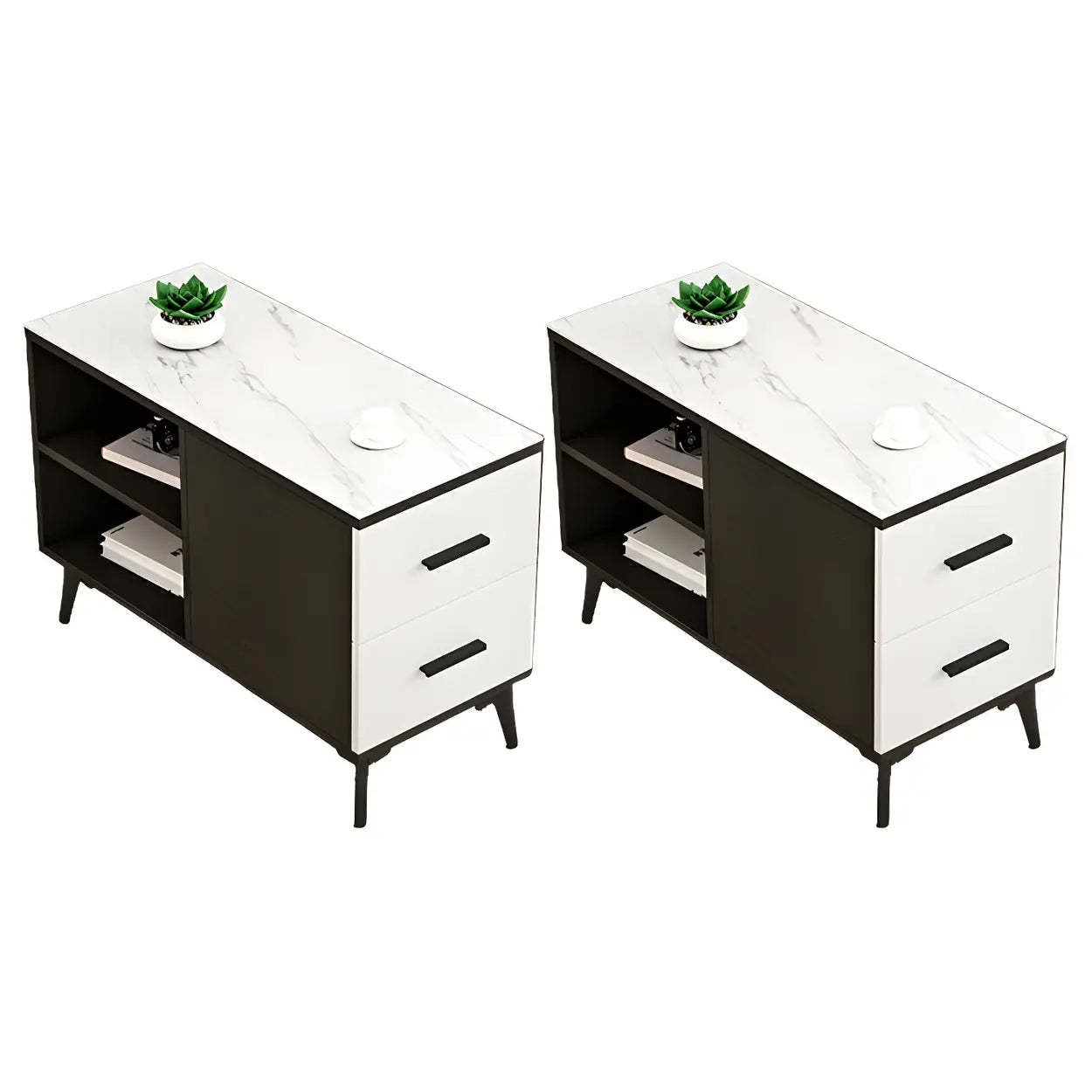 Rectangular Stone Iron End Table with Drawers — Black Walnut/ White / 1
