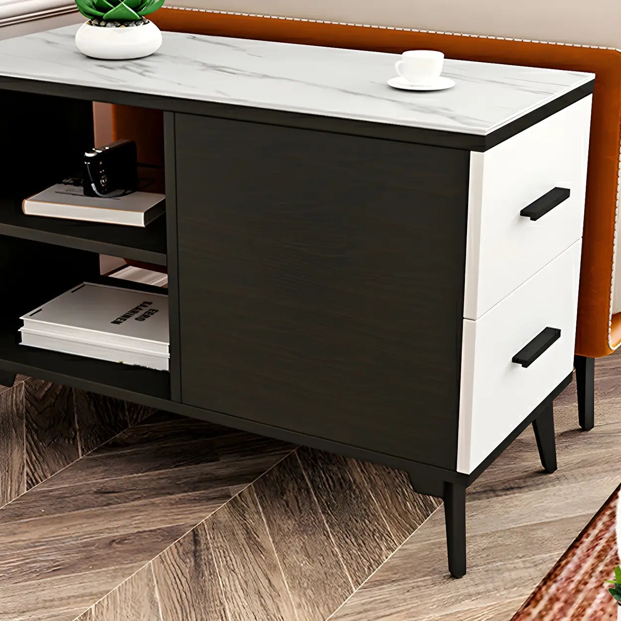 Rectangular Stone Iron End Table with Drawers — Black Walnut/ White / 2