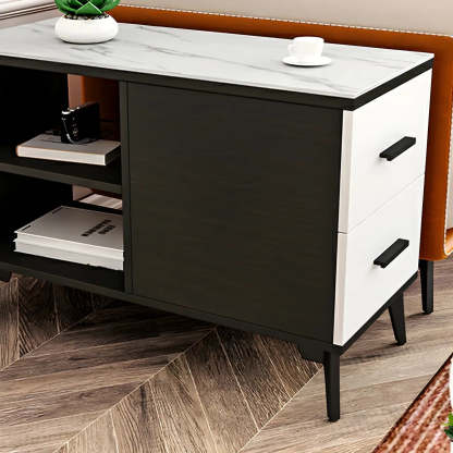 Rectangular Stone Iron End Table with Drawers — Black Walnut/ White / 2