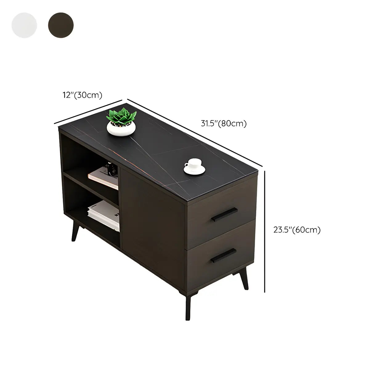 Rectangular Stone Iron End Table with Drawers — Black Walnut / 2