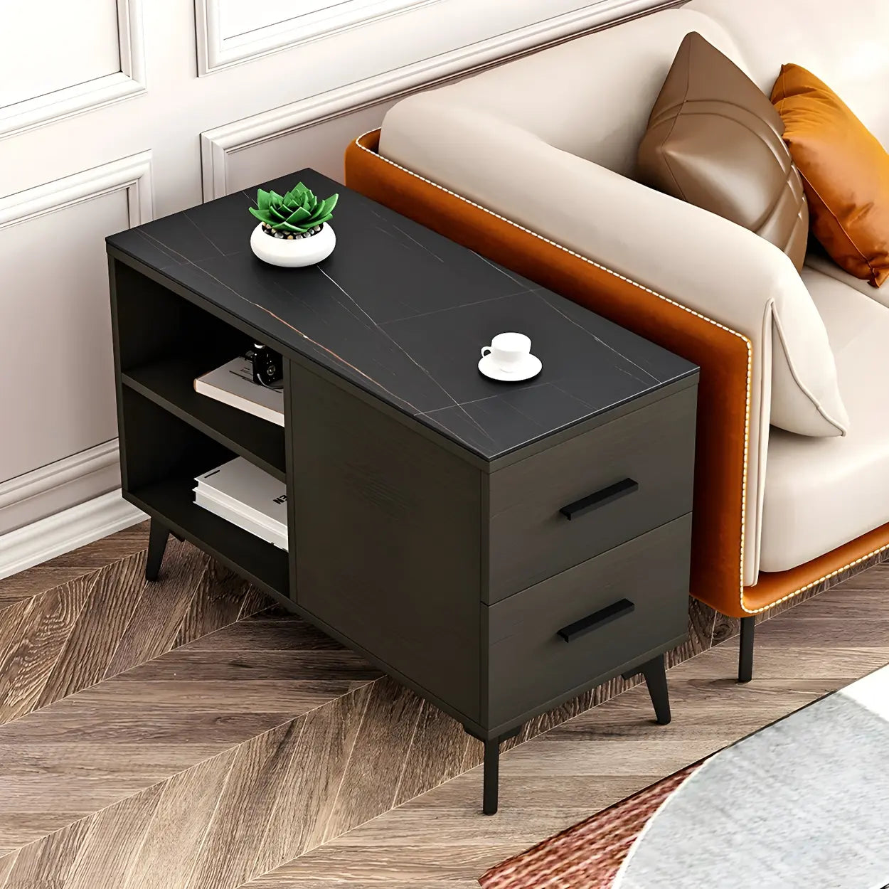 Rectangular Stone Iron End Table with Drawers — White / 2