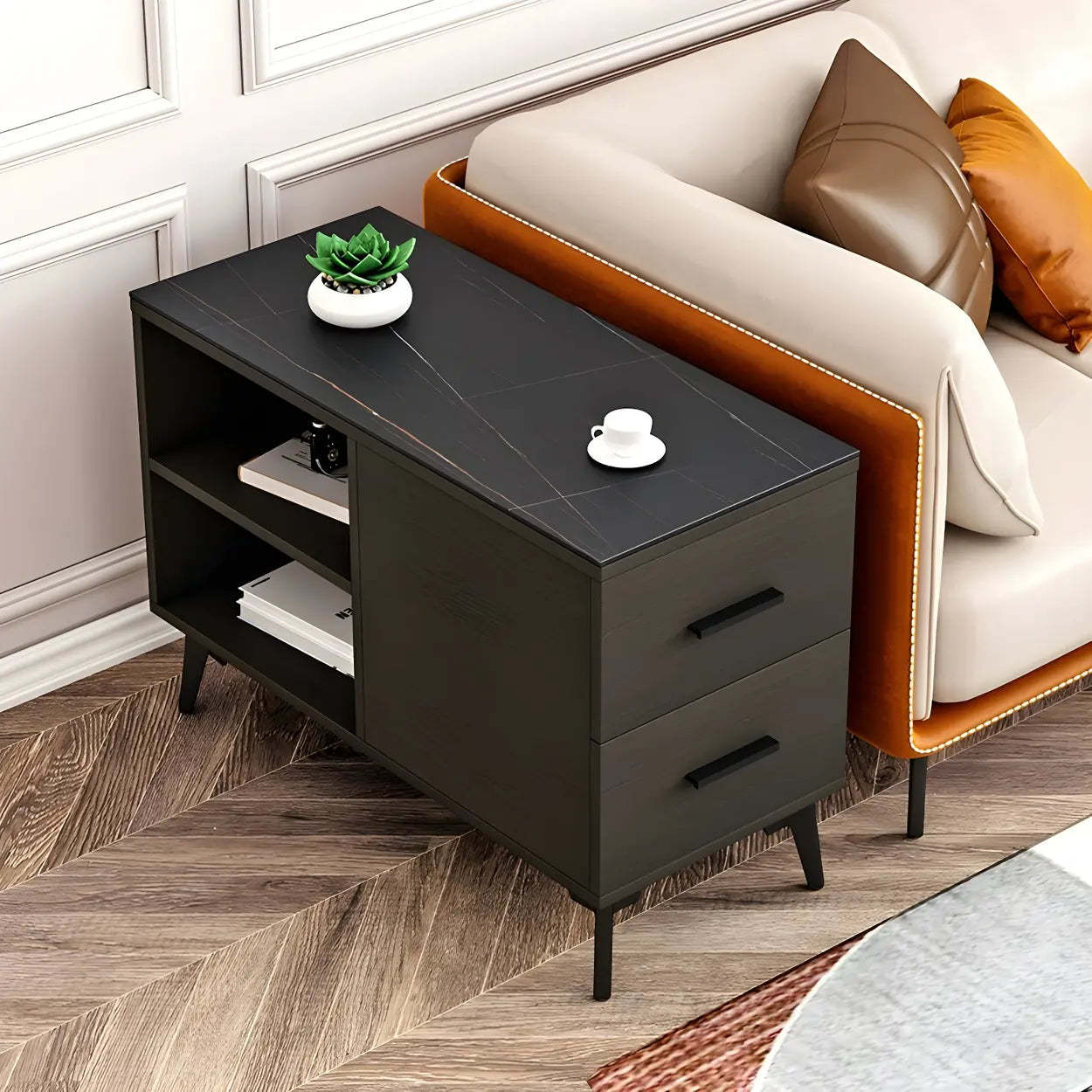 Rectangular Stone Iron End Table with Drawers — White / 2
