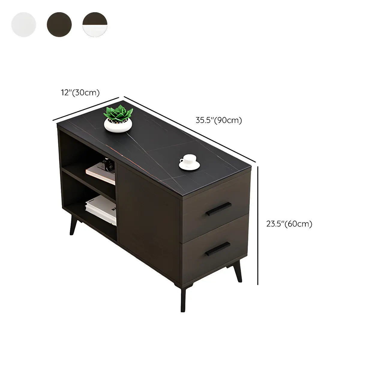 Rectangular Stone Iron End Table with Drawers — White / 1