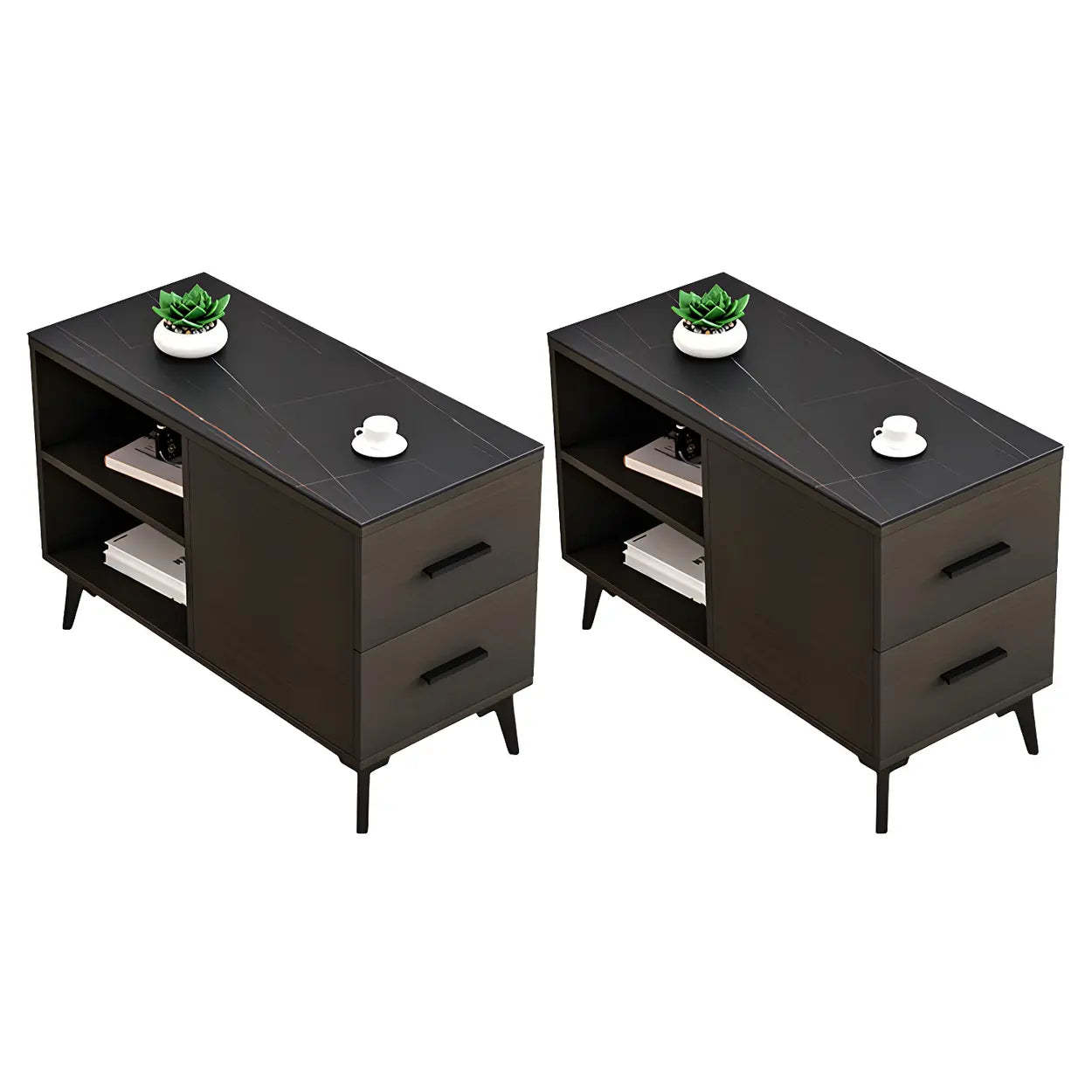 Rectangular Stone Iron End Table with Drawers — Black Walnut / 1