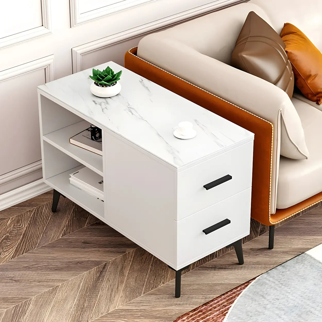 Rectangular Stone Iron End Table with Drawers — Black Walnut/ White / 1