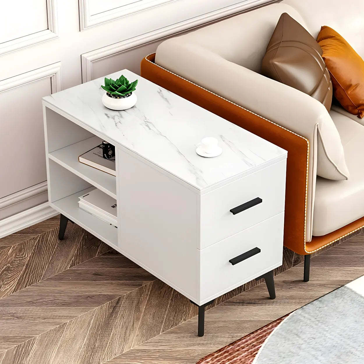 Rectangular Stone Iron End Table with Drawers — Black Walnut/ White / 1
