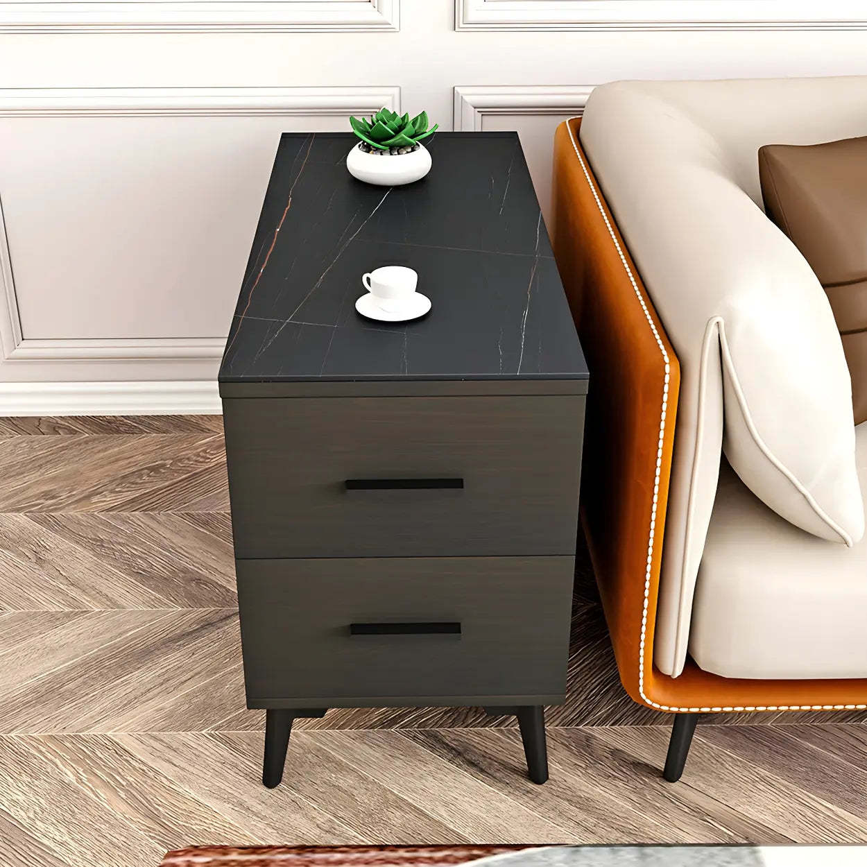 Rectangular Stone Iron End Table with Drawers — Black Walnut/ White / 2