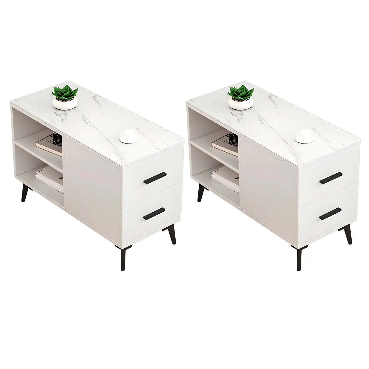 Rectangular Stone Iron End Table with Drawers — White / 1