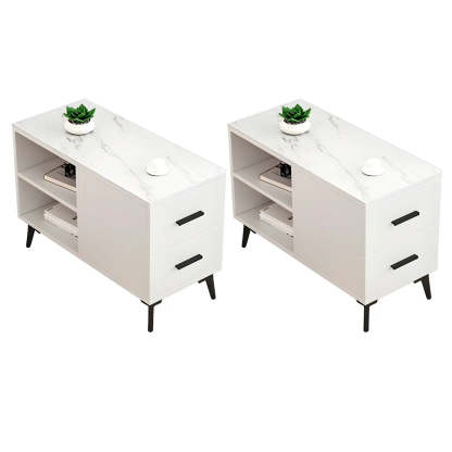 Rectangular Stone Iron End Table with Drawers — White / 1