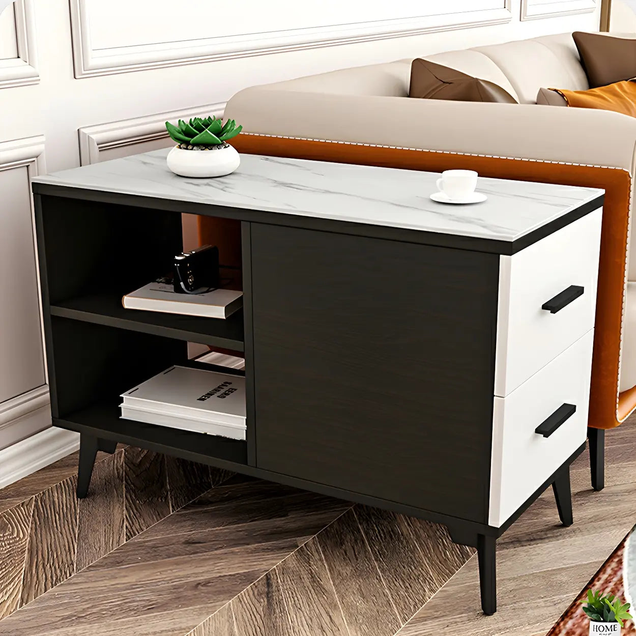 Rectangular Stone Iron End Table with Drawers — White / 2
